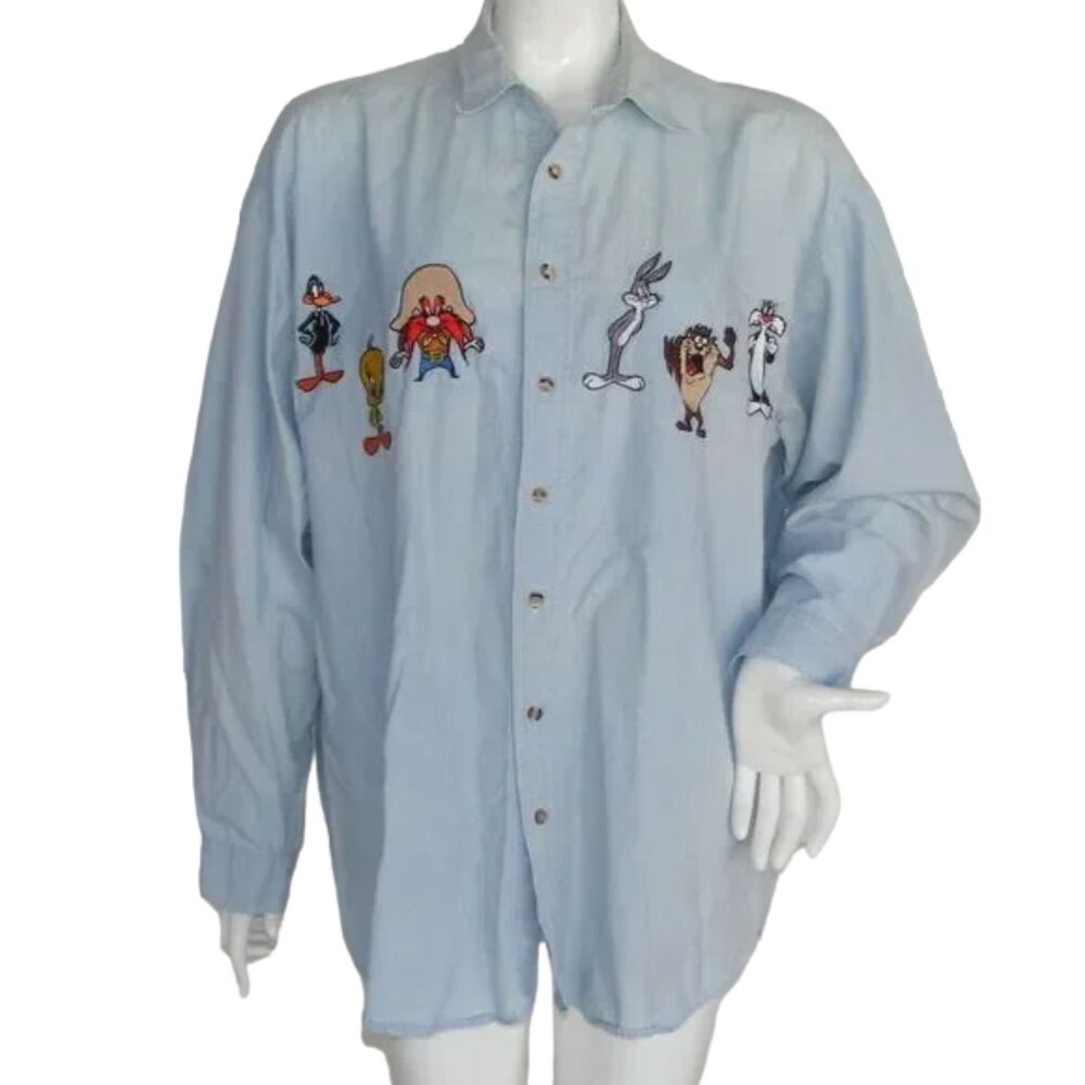ACME Clothing Shirt L/XL, Chambray, Bugs, Daffy, Tweety, Sylvester, Sam, VINTAGE